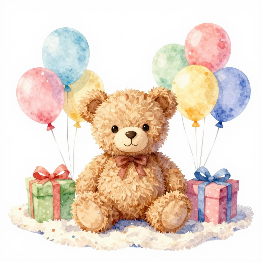 Watercolor style. A cute fluffy teddy bear sitting on a soft...