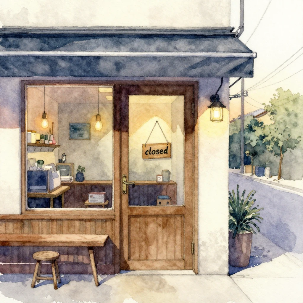 A watercolor painting of a cafe with a 'closed' sign on the ...