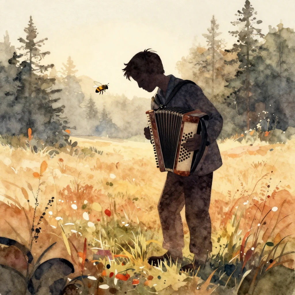 Vibrant watercolor style. A rustic, melancholic silhouette o...