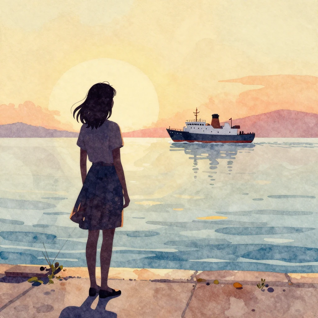 A vibrant watercolor painting. A silhouette of a young woman...