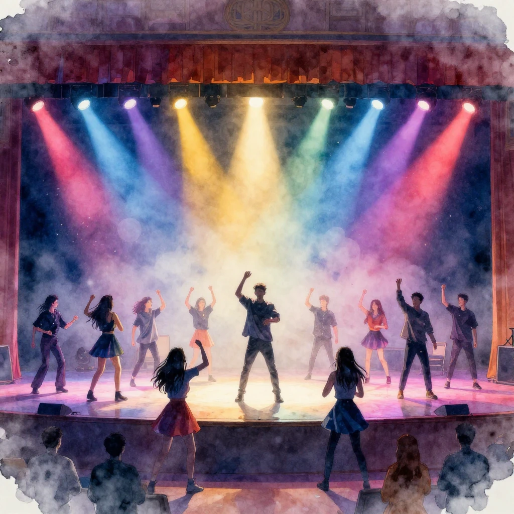 A brightly lit university stage with colorful spotlights, si...