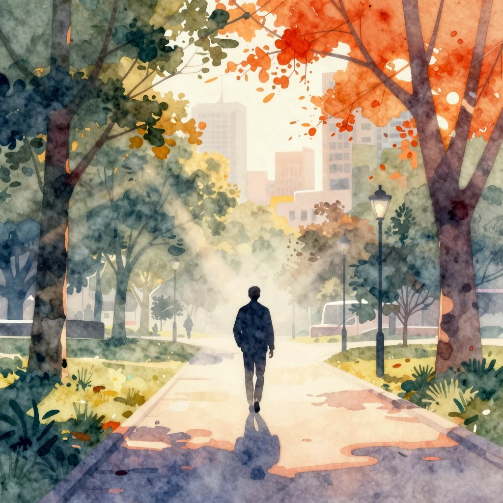 Watercolor style. A stylized silhouette of a man walking thr...