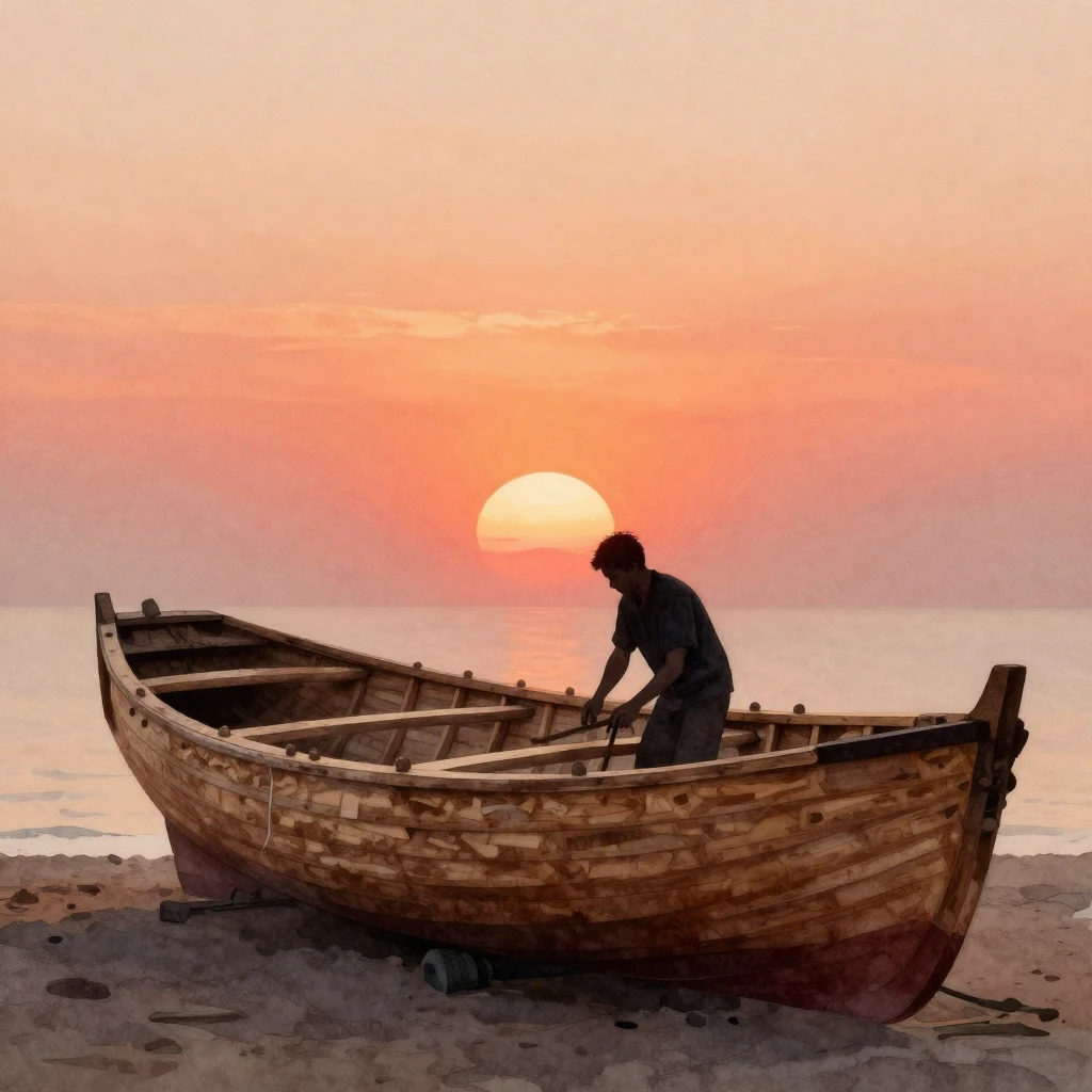 A dark silhouette of a man meticulously working on a large, ...