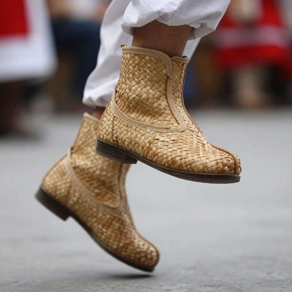 A close-up of traditional Russian bast shoes, captured in mi...