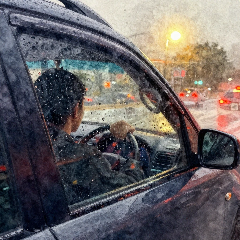 A vibrant watercolor painting of a rain-streaked car window....