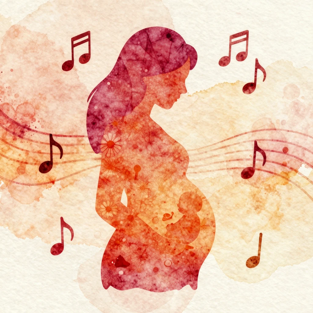 Vibrant watercolor folk art style, pregnant woman's silhouet...