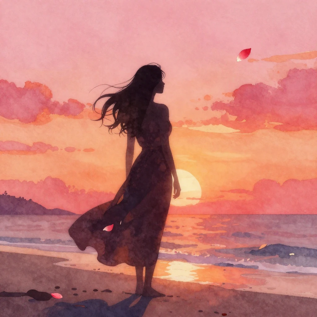 Watercolor painting of a dark silhouette of a graceful woman...