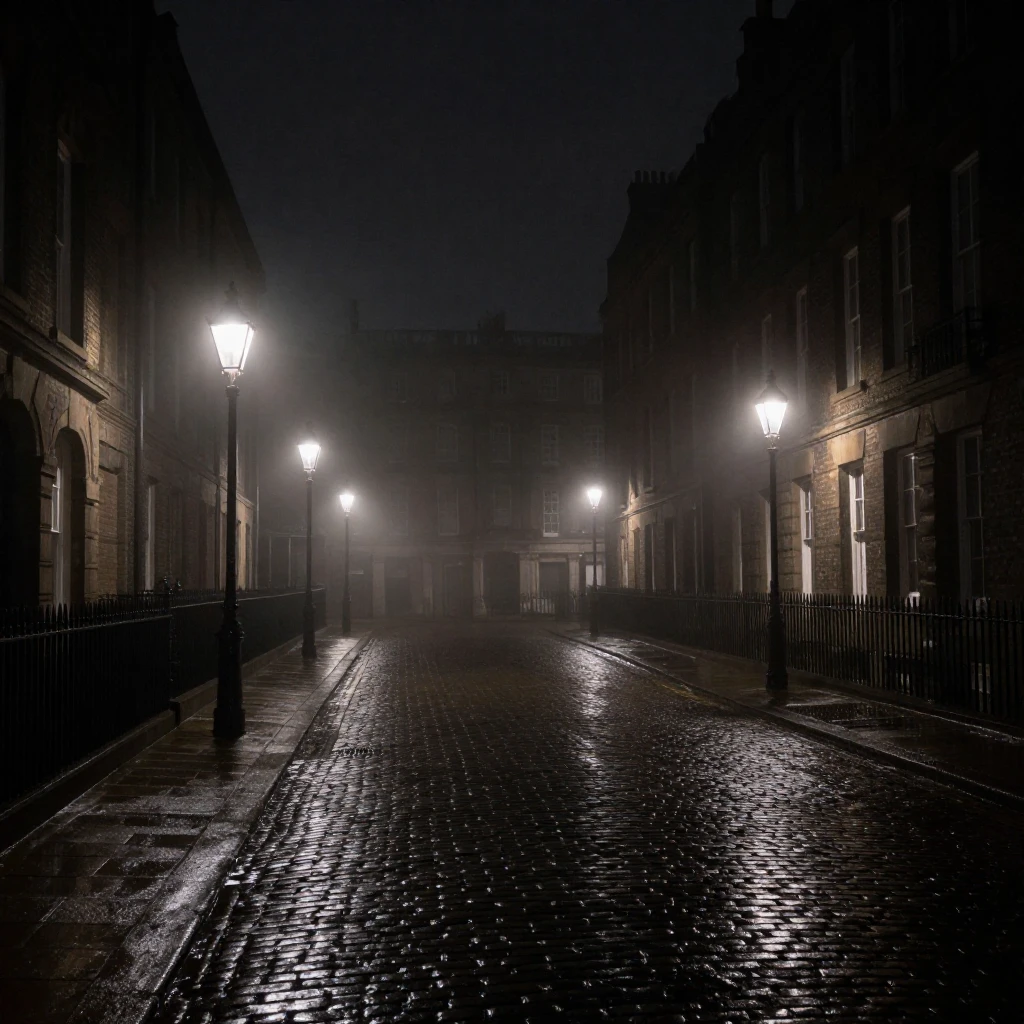 A dark Victorian London street at night, heavy fog, cobblest...