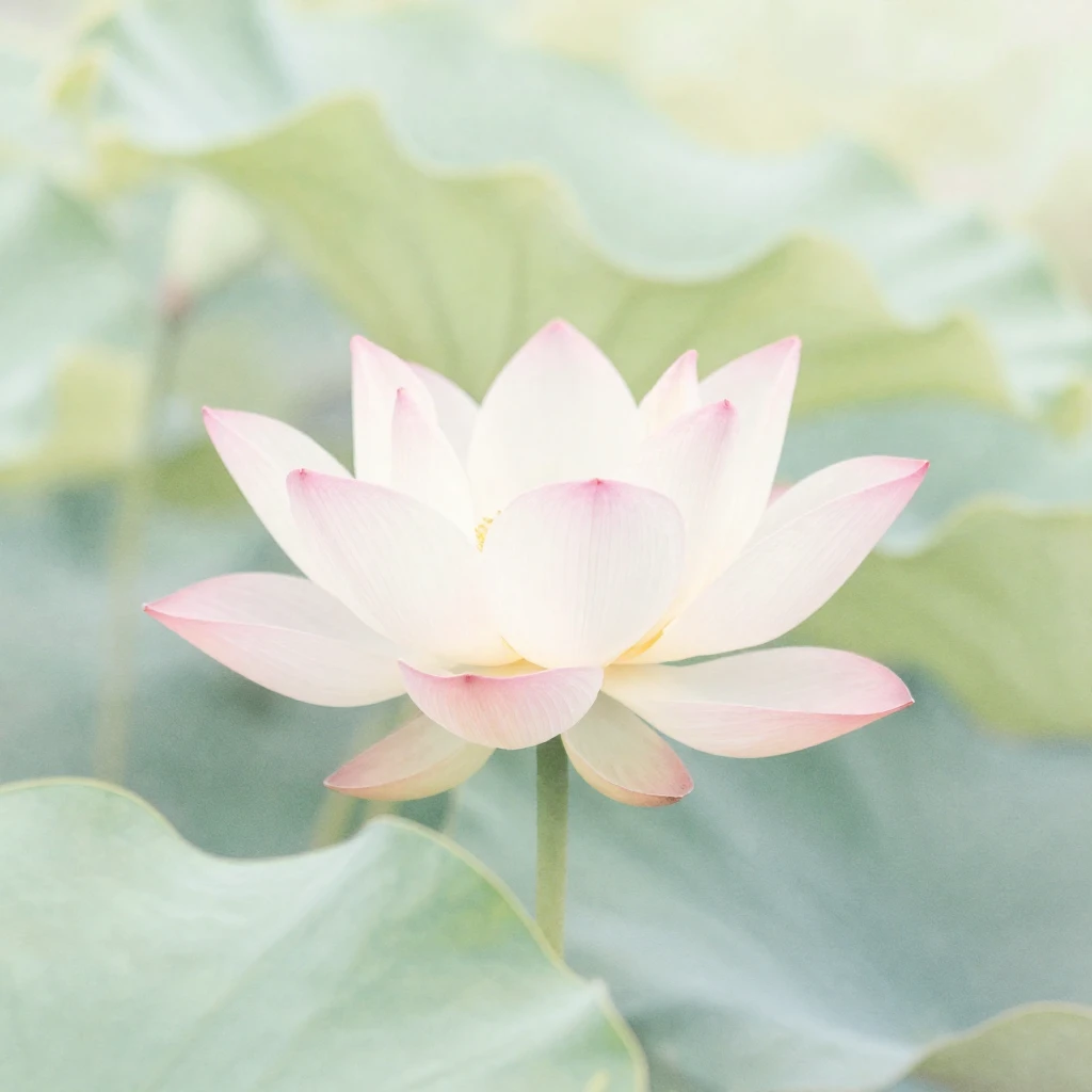 A delicate lotus bloom, subtly emerging from a soft, gentle ...