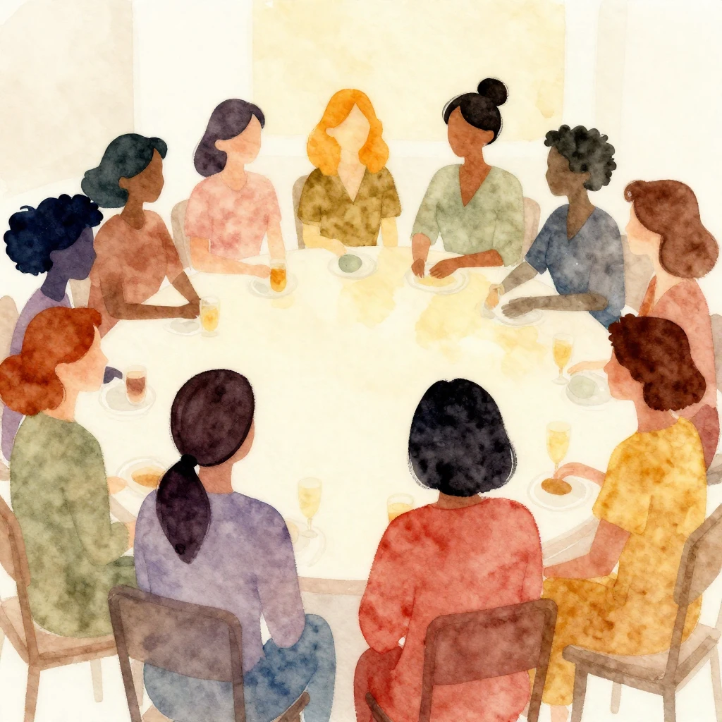 A vibrant watercolor painting of diverse women (silhouettes ...