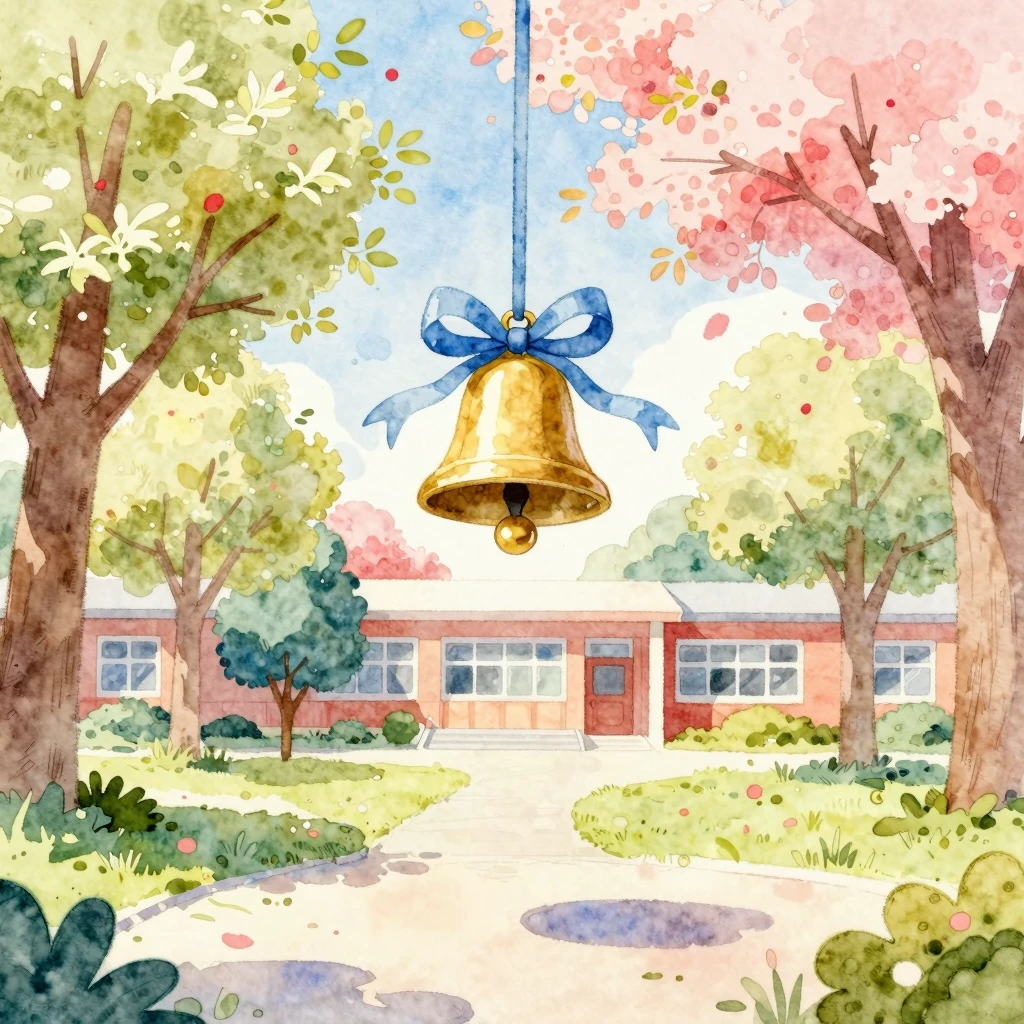 Watercolor painting of a warm and sunny school yard with blo...