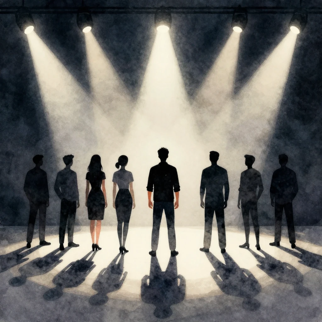 A watercolor style illustration of a group of actors in silh...