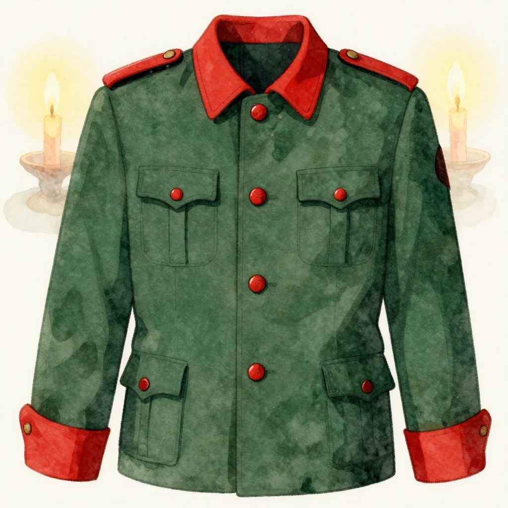 A vintage-style illustration of a dark green uniform jacket ...