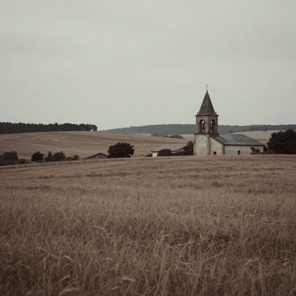 A rural church bell tower in the background, vast abstract l...