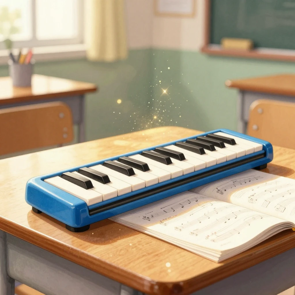 Close-up artistic shot of a colorful blue melodica pianika i...