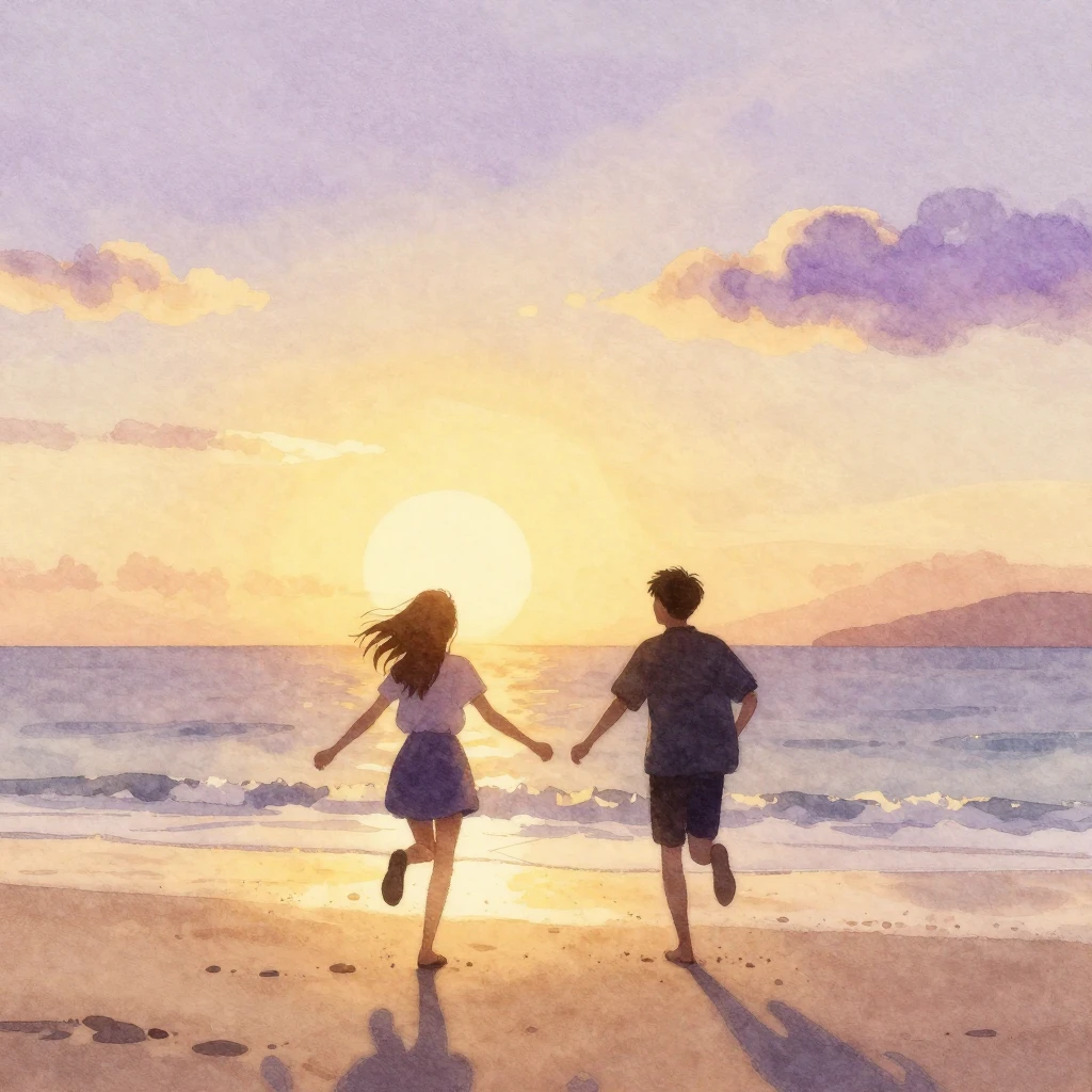 A watercolor painting of two friends, depicted as silhouette...