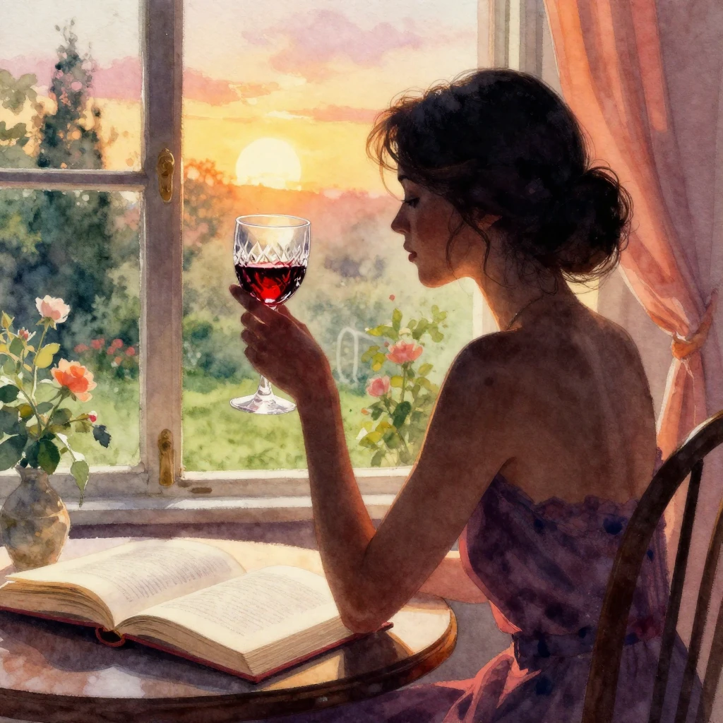 A vibrant watercolor painting of a woman in silhouette, hold...