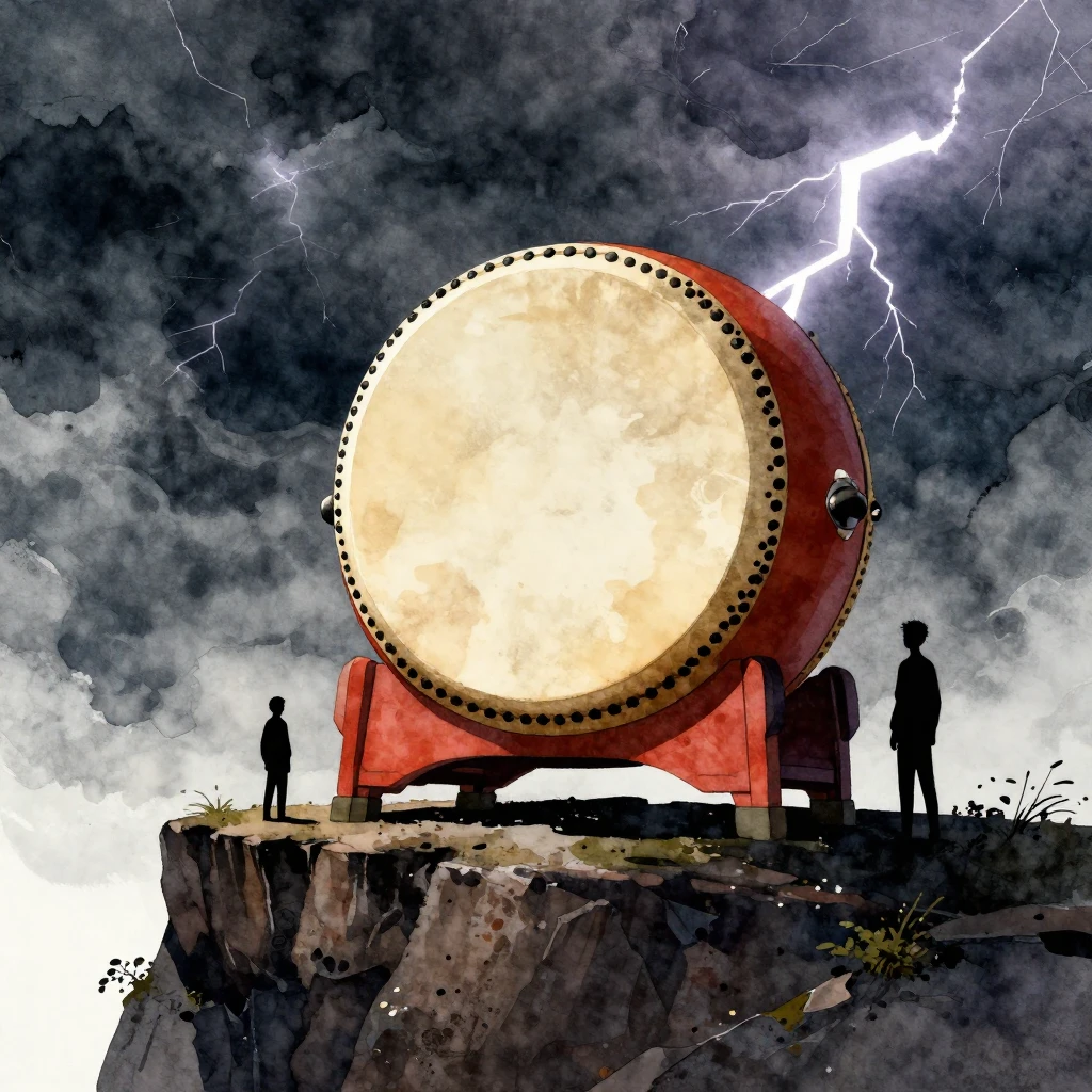Watercolor style illustration of a giant Japanese Taiko drum...