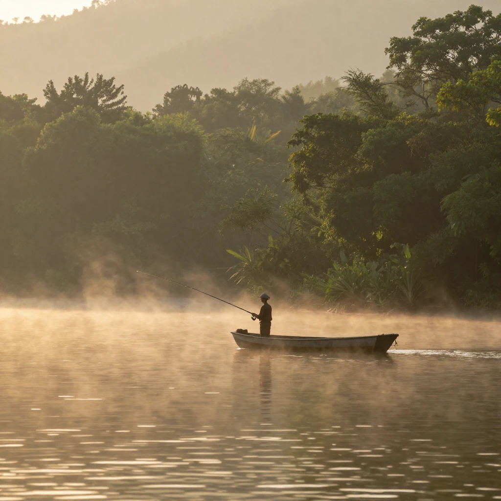 A solitary figure fishing from a small boat on a misty lake ...