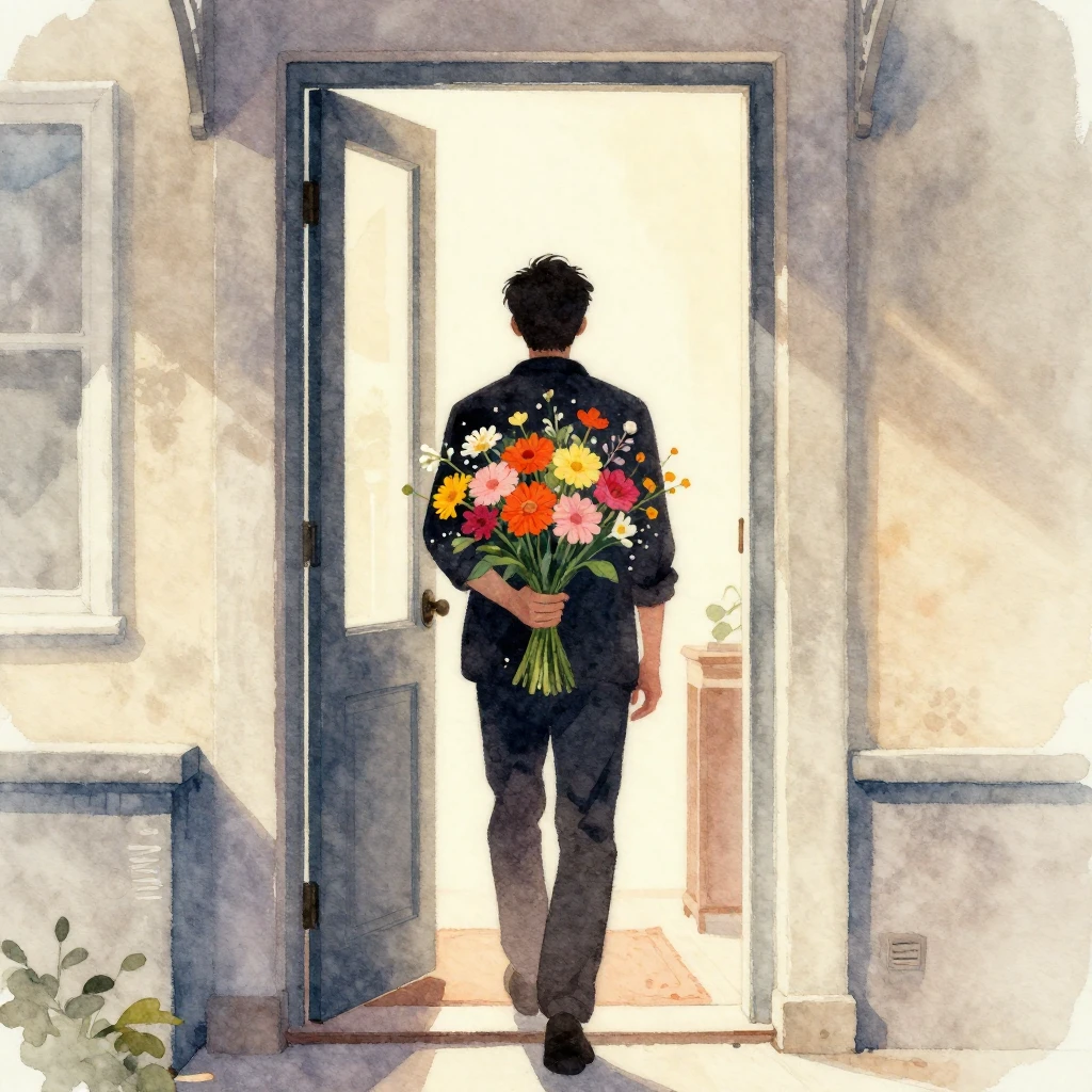 A man's silhouette at a doorstep, holding a bouquet of vibra...