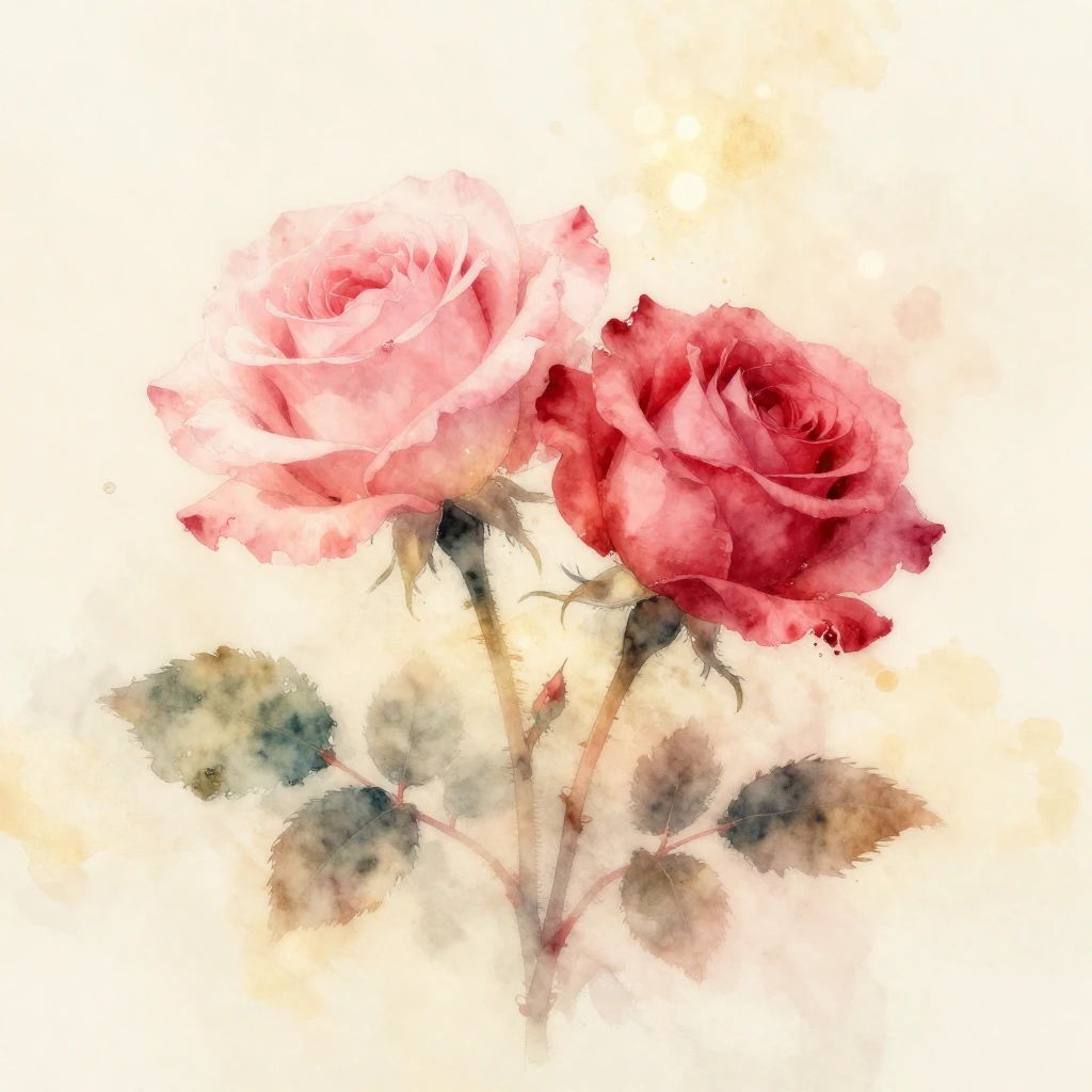 A delicate watercolor painting of two intertwined rose stems...