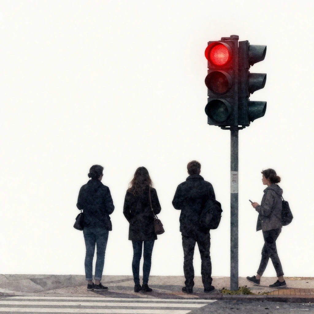 Watercolor style. A silhouette of several people waiting at ...