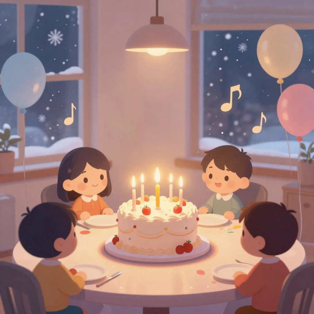 A whimsical illustration of a cozy indoor birthday celebrati...
