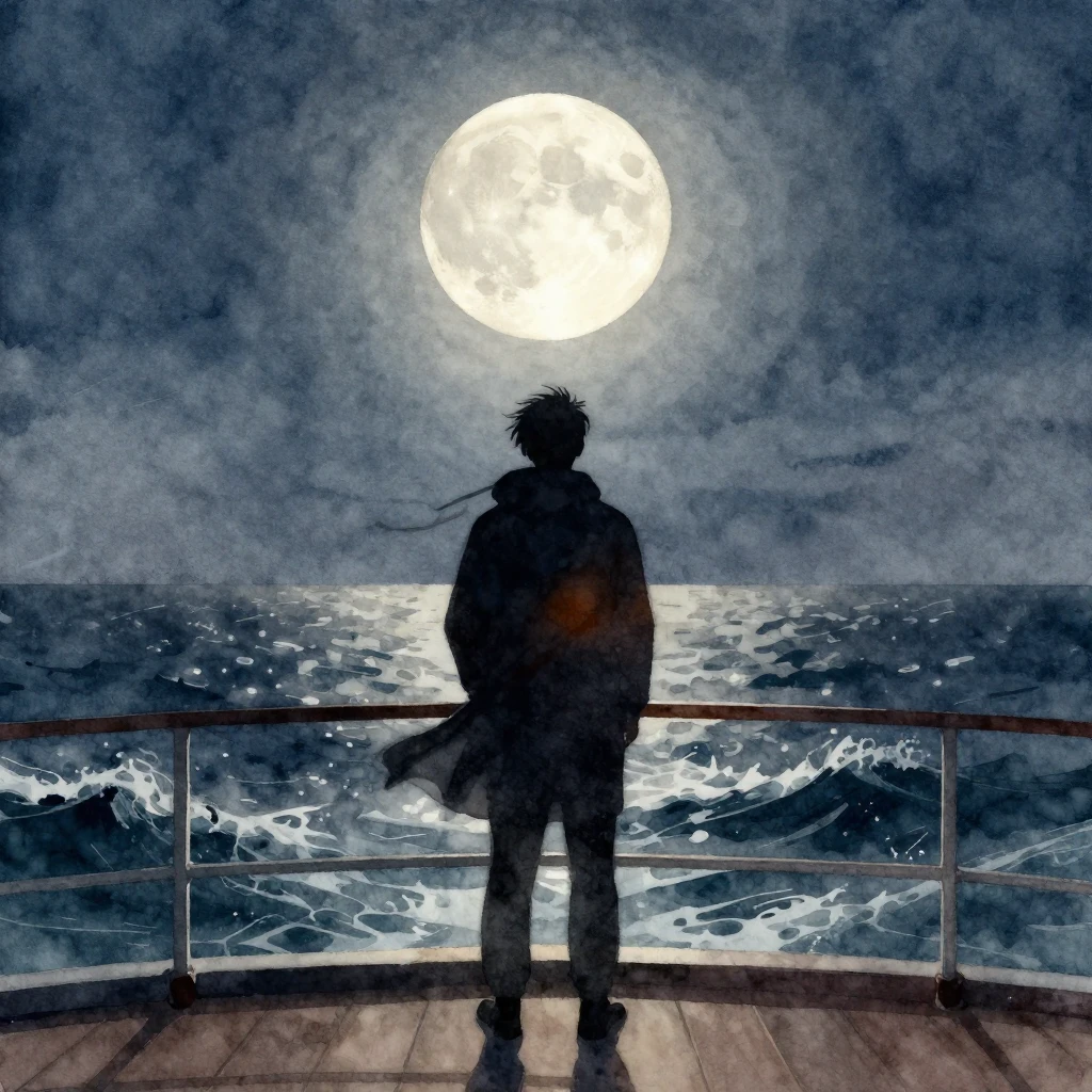 A lone silhouette of a person standing on a ship's deck, gaz...