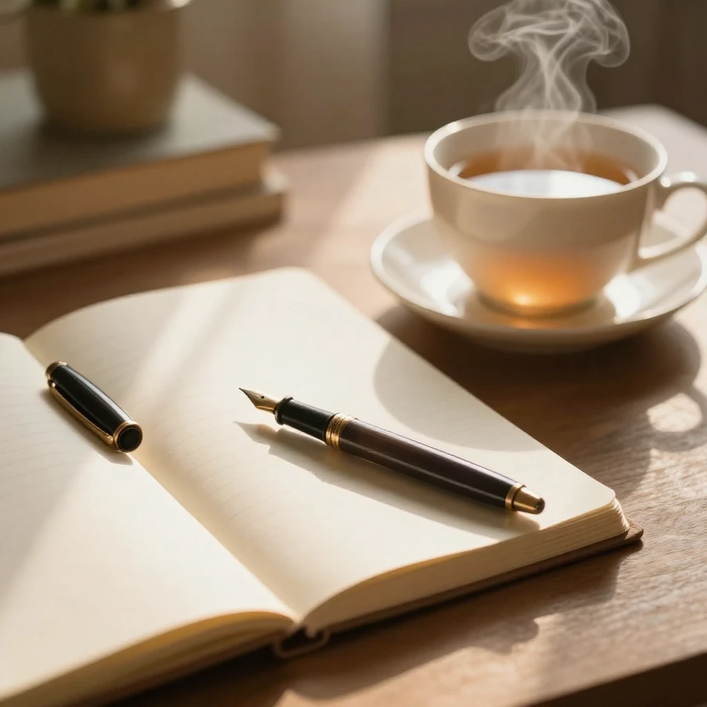 A cozy desk bathed in soft, warm sunlight, featuring an open...