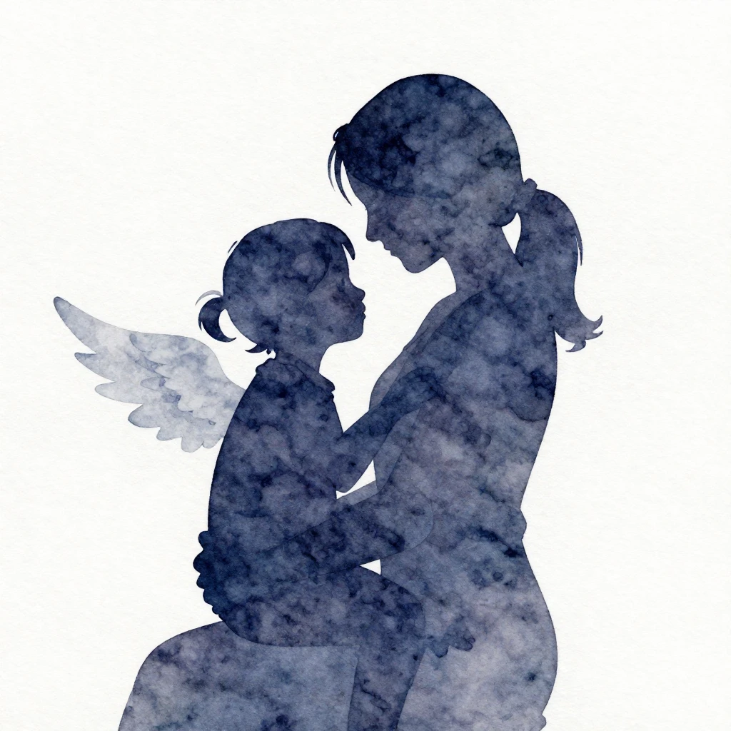 A watercolor silhouette depicting a parent figure protective...