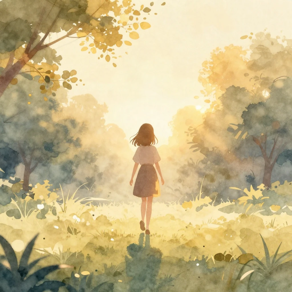 Watercolor style. A silhouette of a girl walking through a s...