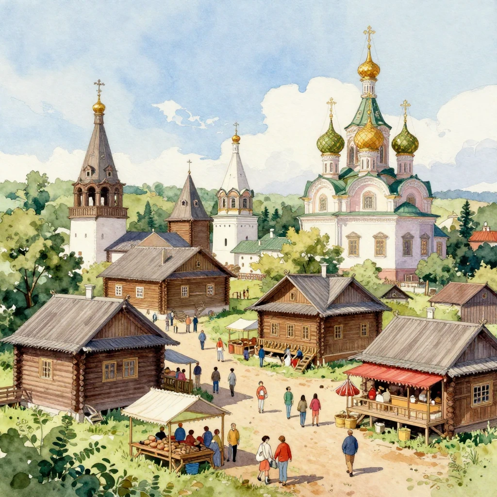 A vibrant watercolor painting of an ancient Russian city, fe...