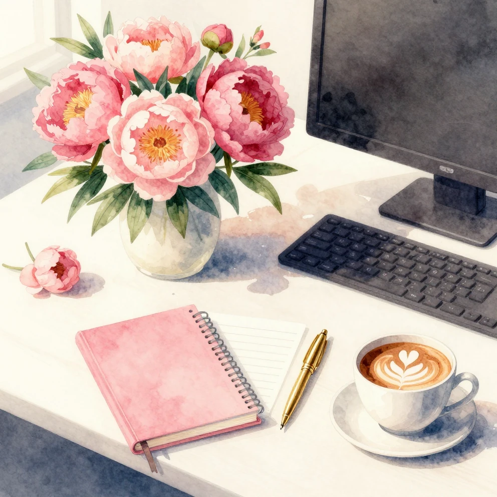 Watercolor illustration of a festive office desk setup. Bouq...