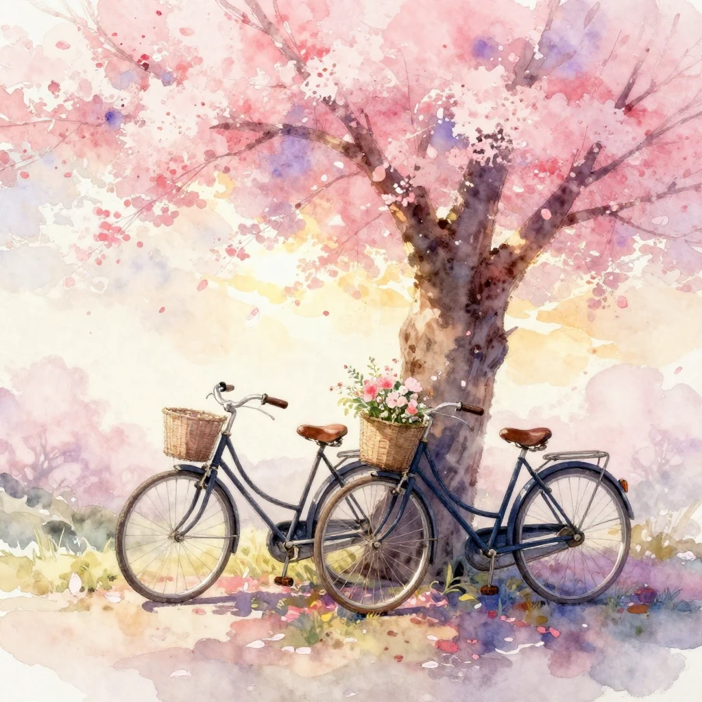 A soft watercolor painting of two vintage bicycles leaning a...