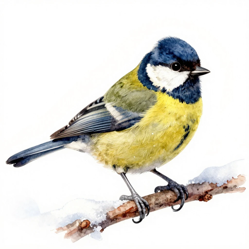 A detailed, vibrant watercolor illustration of a small titmo...