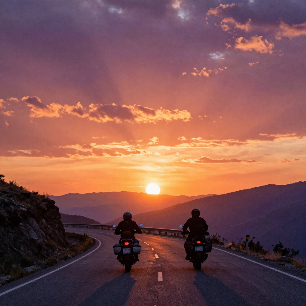 Epic silhouette of two motorcyclists riding into a vibrant s...