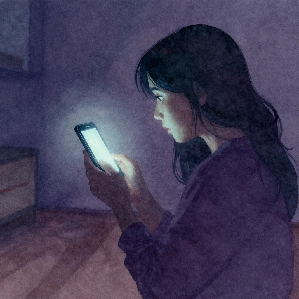 Vibrant watercolor style. A mother's silhouette, anxiously h...