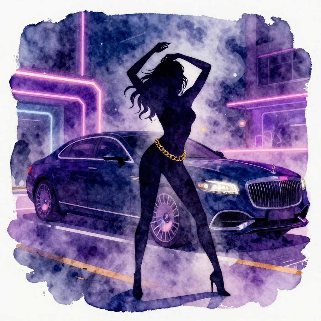 A watercolor painting depicting an urban night scene. A styl...