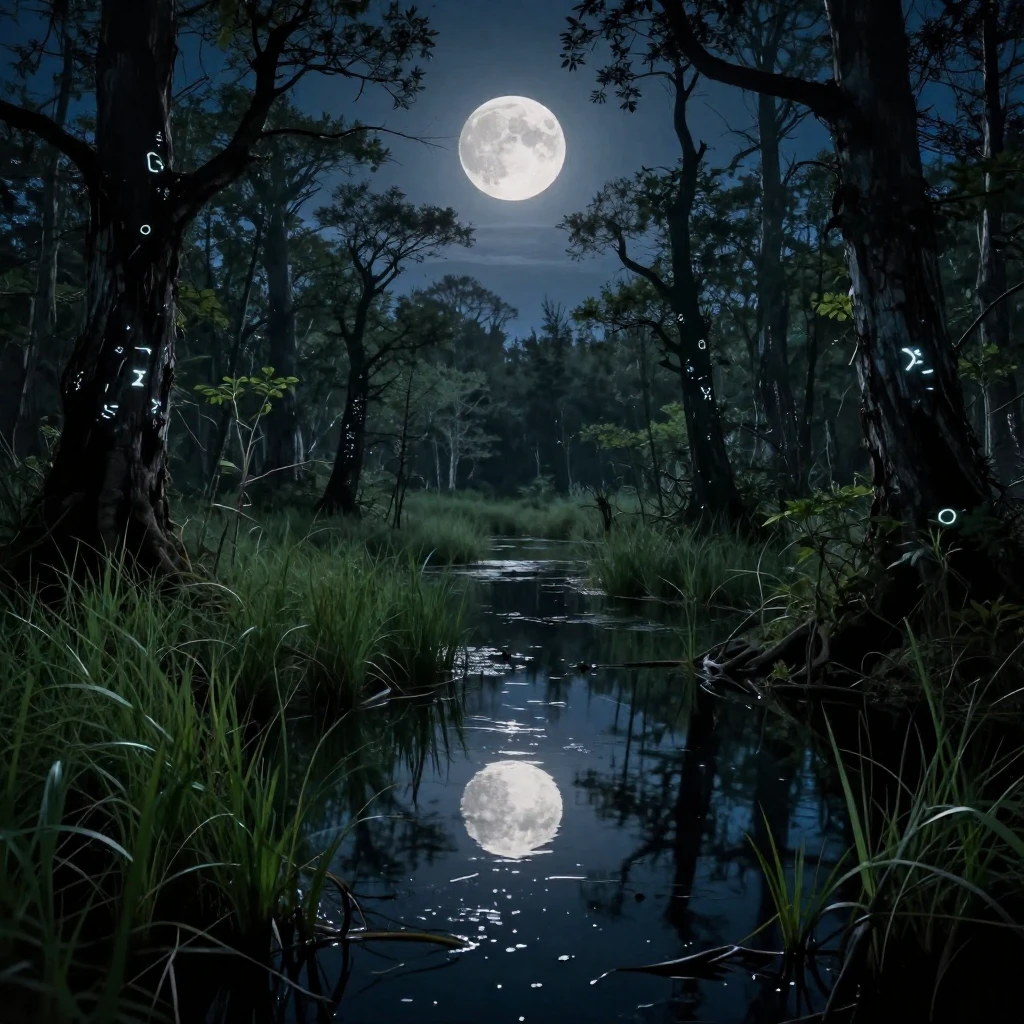 A mystical swamp at night, with a full moon reflecting on da...