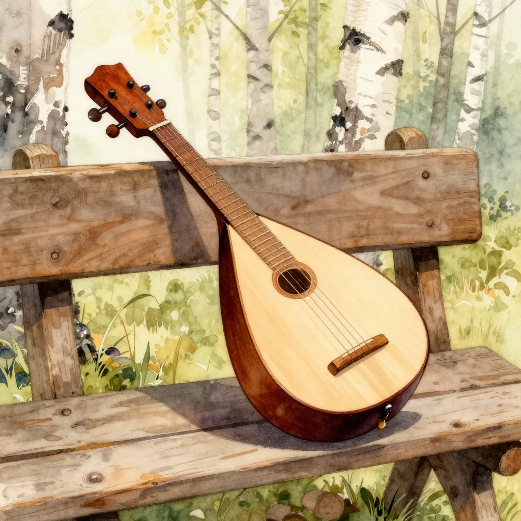A detailed illustration of a balalaika resting on a rustic w...