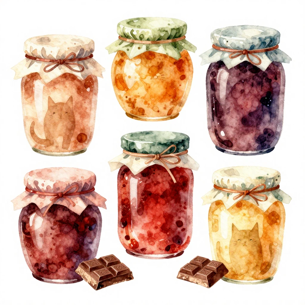 A vibrant watercolor illustration featuring jars of preserve...