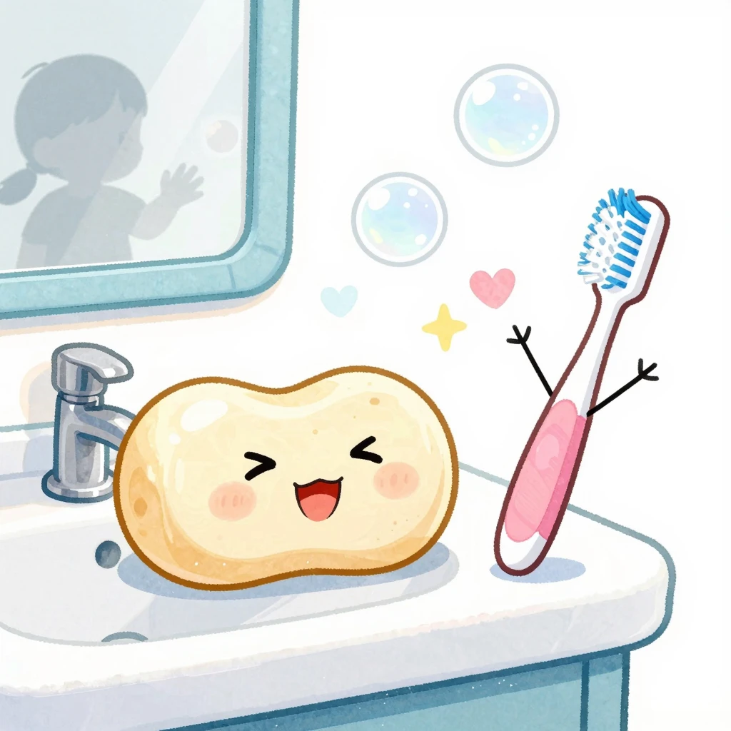 A cheerful cartoon style. A bright, clean bathroom with a ha...