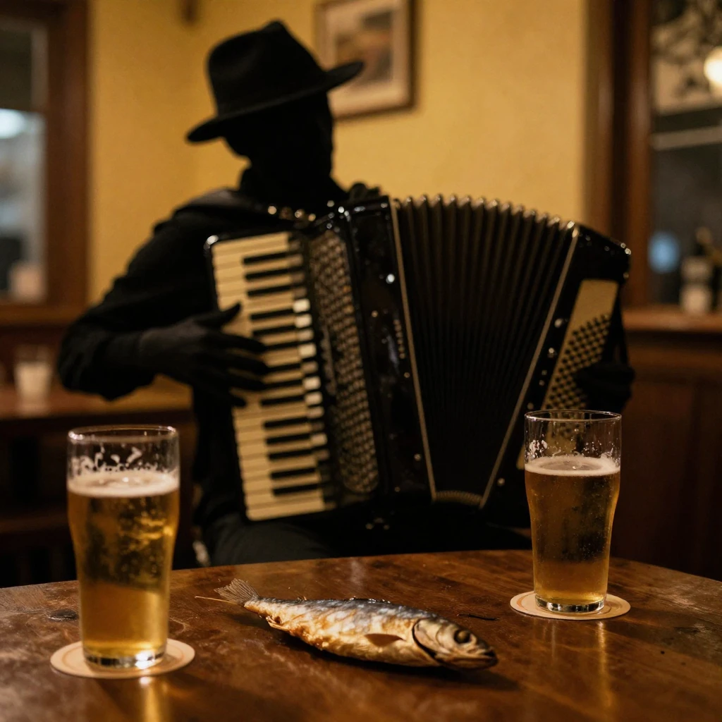 A cozy, inviting scene depicting a silhouette of an accordio...