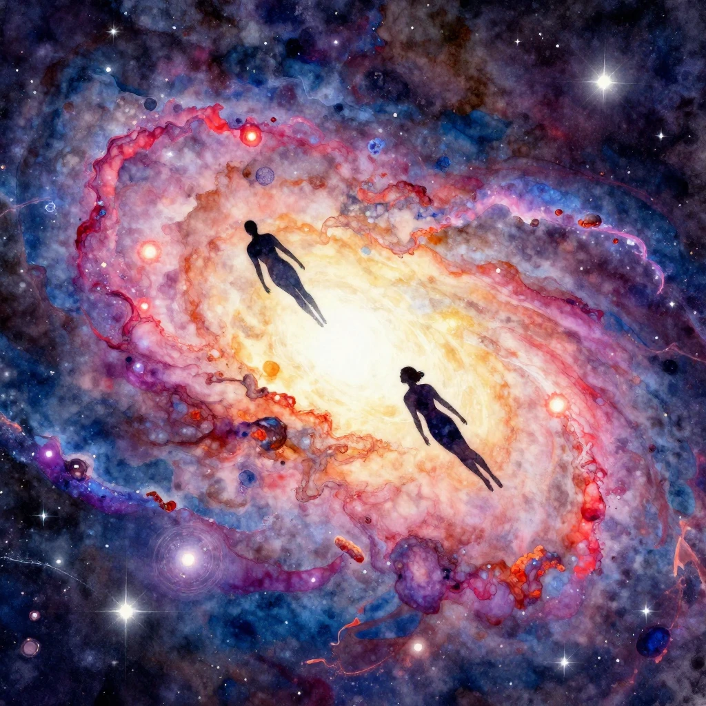 Vibrant watercolor style. A cosmic silhouette of two figures...