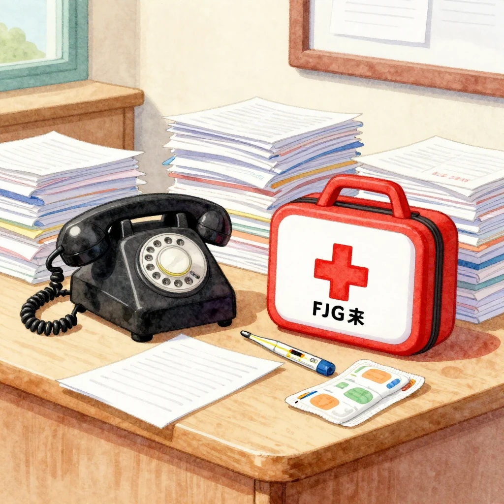 A vibrant watercolor illustration of a busy school office de...