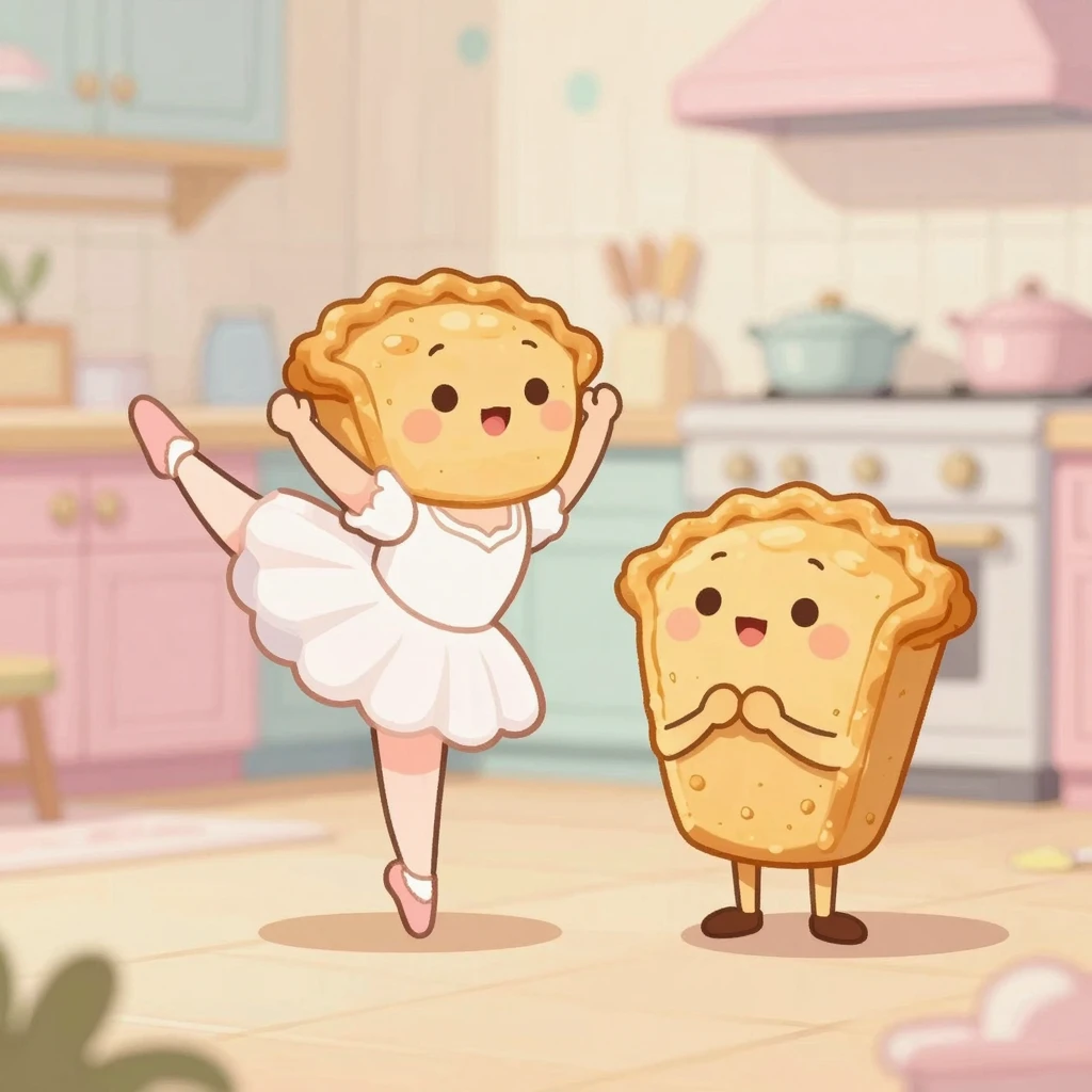 Whimsical scene of two anthropomorphic pies with cute faces ...