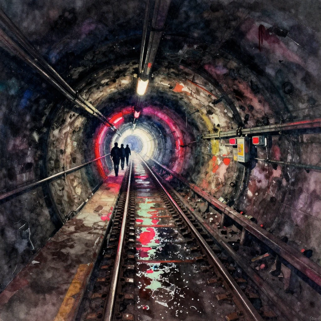 Vibrant watercolor painting of a dark, gritty subway tunnel....
