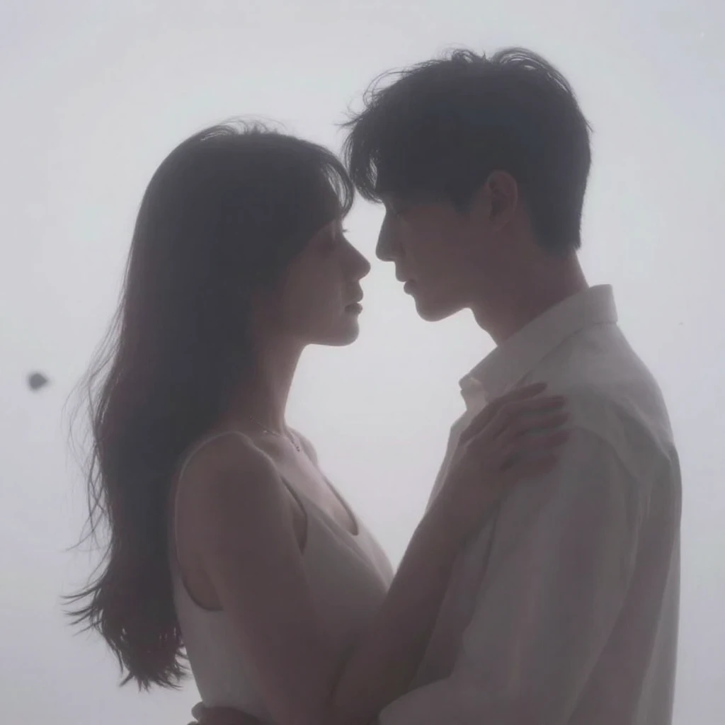 A dreamlike scene with two ethereal silhouettes of a couple ...