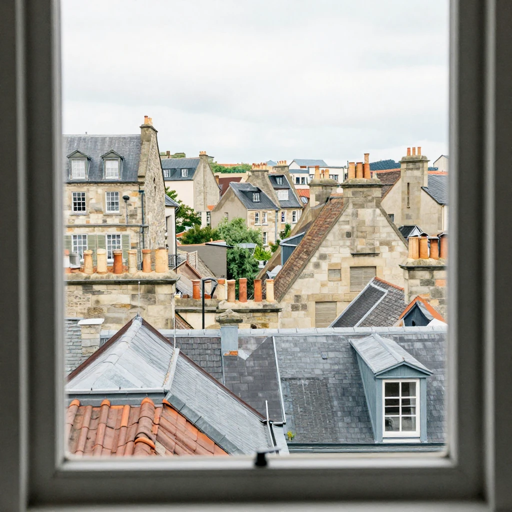 A picturesque view of old city roofs through a large window,...