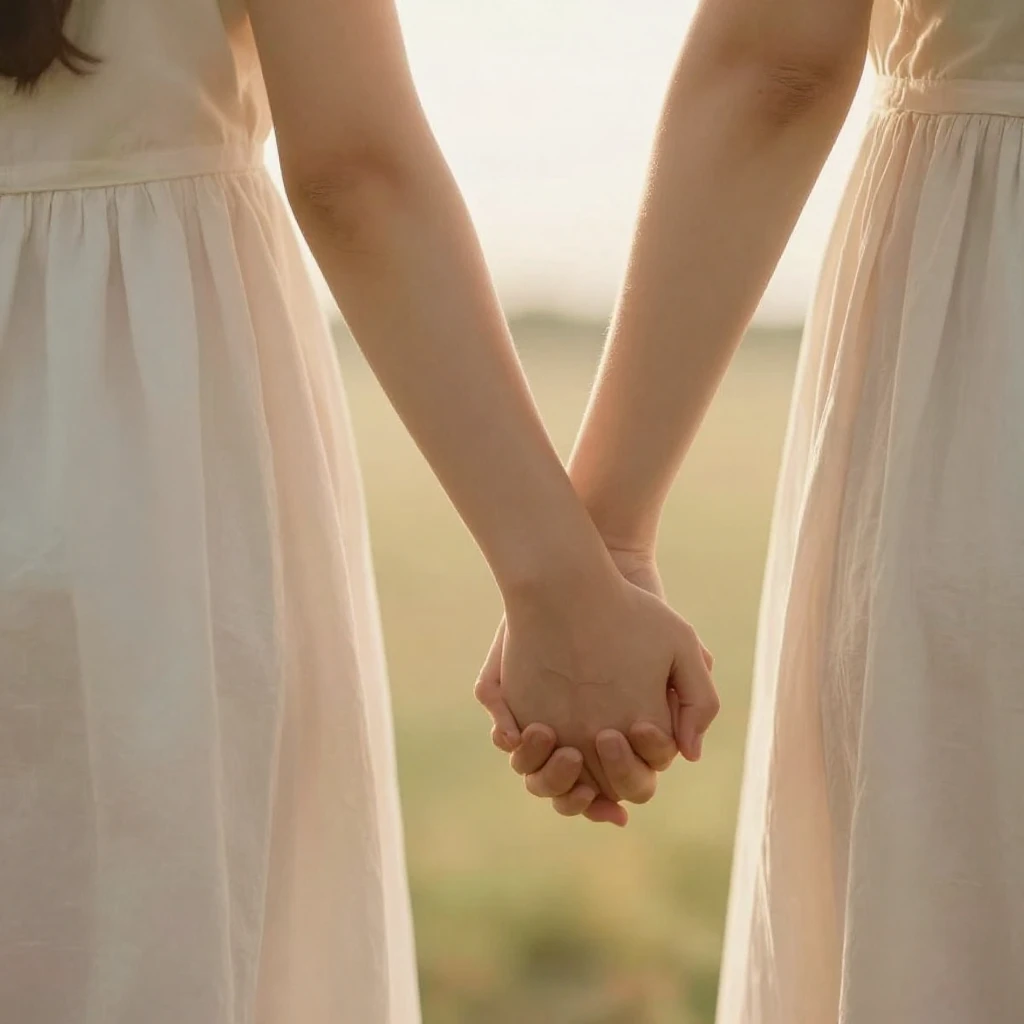 A loving mother and child holding hands, with a soft, warm g...